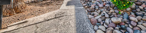 an alley between two buildings with rocks and plants and trees