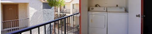 A balcony with a black railing and a white washer and dryer.