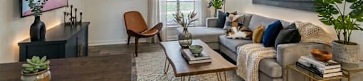 A living room with a grey couch, a wooden coffee table, and a painting on the wall.