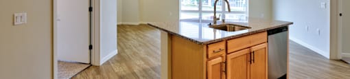 A kitchen with a sink and a window.