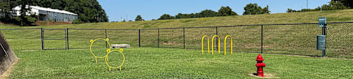 A red fire hydrant sits on a green field next to a fence.