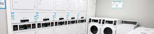 A row of washing machines are lined up in a laundromat.