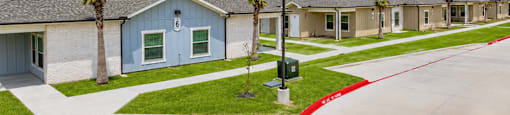 A row of houses with a red line painted on the sidewalk.