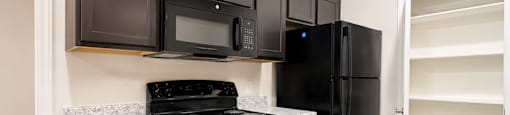 A kitchen with black appliances and cabinets.