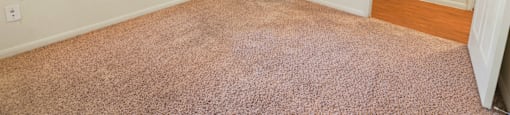 A room with a carpeted floor and a window with blinds.