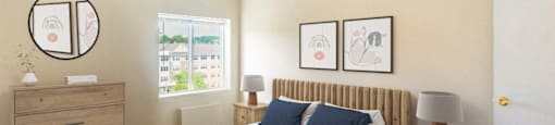 A bedroom with a bed, nightstand, and two framed pictures on the wall at Edmands House, Massachusetts, 01701