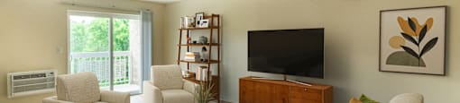 a living room with a couch and chairs and a television at North Stoughton Village, Massachusetts