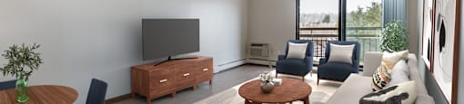 A living room with a couch, chairs, a coffee table, and a television.