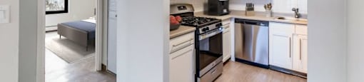 A kitchen with white cabinets and stainless steel appliances.