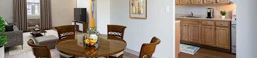 Kitchen With Updated Cabinets and Flooring With Adjacent Dining Room at Georgetowne Homes Apartments, Massachusetts