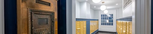 a long hallway with a door to a locker room and a trophy on the wall at 140 Clarendon Street, Boston, MA
