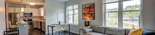 Apartment Living Room at The Elm at Island Creek Village in Duxbury, MA.