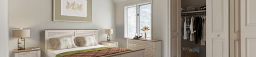 a bedroom with a bed and a closet  at Dillsburg Heights Apartments, Dillsburg, Pennsylvania