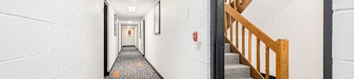 a hallway with a staircase and a hall way with stairs