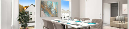 A dining room with a table set for six and a potted plant on the floor.