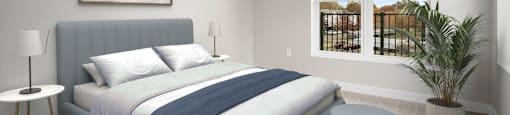 A bedroom with a large bed and a painting on the wall.