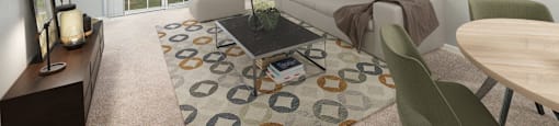 a living room with a couch and a table