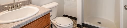 A white bathroom with a toilet, sink, and shower.