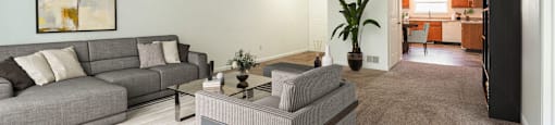 a living room with a gray couch and a glass coffee table