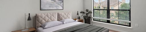 a bedroom with a large bed and a large window