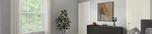 a bedroom with a bed and a dresser in the corner