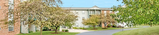 A long, straight road leads to a large building.
