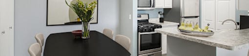 our apartments offer a kitchen and dining area with a table