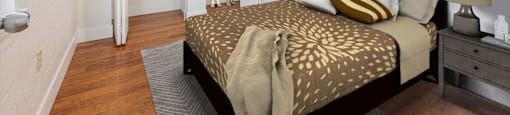 a bedroom with a bed and a closet
