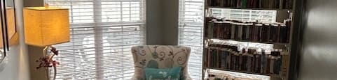 A living room with a chair, a sofa, a bookshelf, and a lamp.