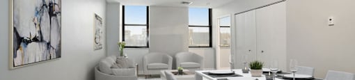A modern dining room with a white table and chairs.