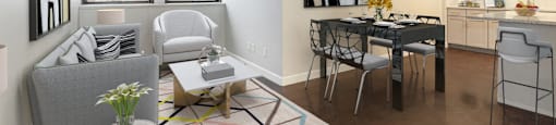 a living room and dining room with a table and chairs