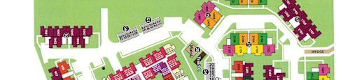 A map of a park residence with various colored buildings and a key indicating their uses.