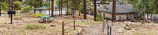 A gravel path leads to a wooden fence and a house in a wooded area.