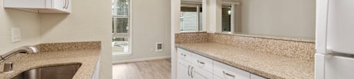 an empty kitchen with white cabinets and granite counter tops