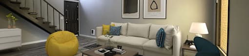 a living room filled with furniture and a large window
