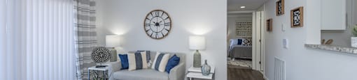 Living room decorwith wall clock at Sandhurst Apartments, Zanesville