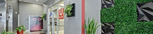 a green wall in the lobby of a building with a coca cola logo on it