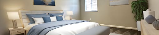 a master bedroom with a bed and a table