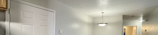 A room with a white door and a grey floor.