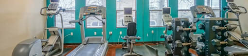 A gym with treadmills, exercise bikes, and other equipment.