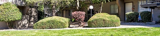 A sunny day at a well-kept apartment complex with green grass and trees.