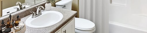 A bathroom with a sink, toilet, and shower.