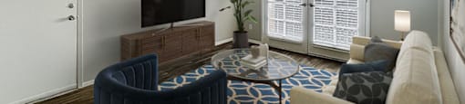 A living room with a blue chair and a television.