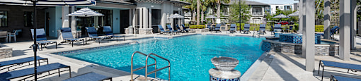 A pool surrounded by sun loungers and umbrellas.