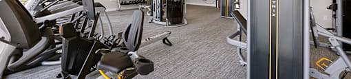 A gym with a variety of equipment including treadmills, weights, and exercise machines.