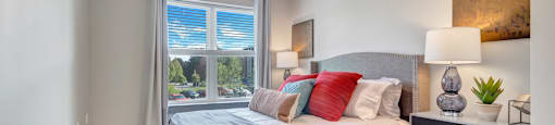 Bedroom With Ceiling Fanat Latitude at South Portland Apartment, Maine, 04106