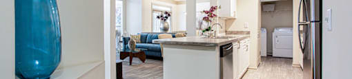 a kitchen and living room in a 555 waverly unit