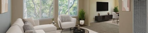 A modern living room with a large window and a flat screen TV.