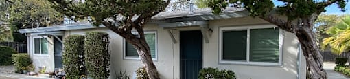 a small white house with a tree in front of it