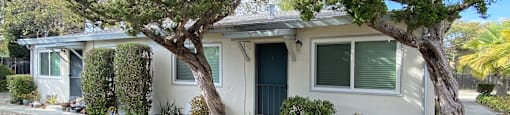 a small white house with a tree in front of it